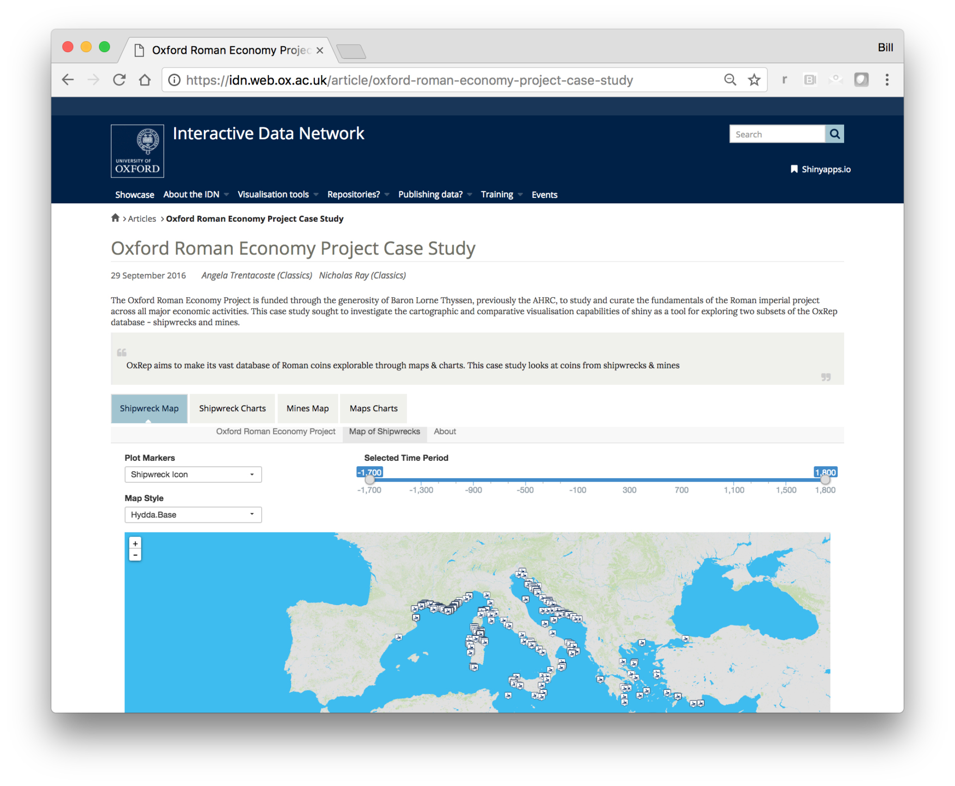 web browser with Oxford Roman Economy Project Case Study and an interactive data network map of Europe