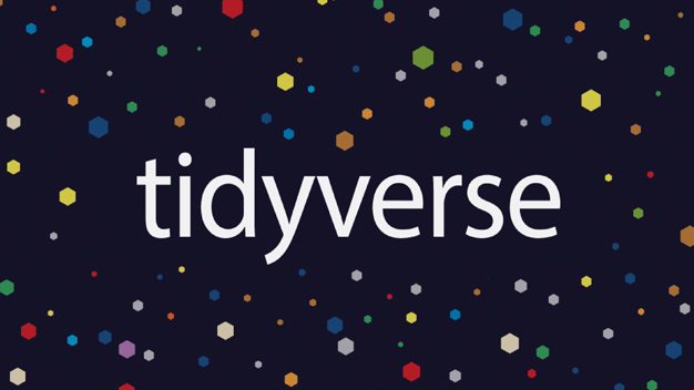 tidyverse logo with colorful hex background on dark navy
