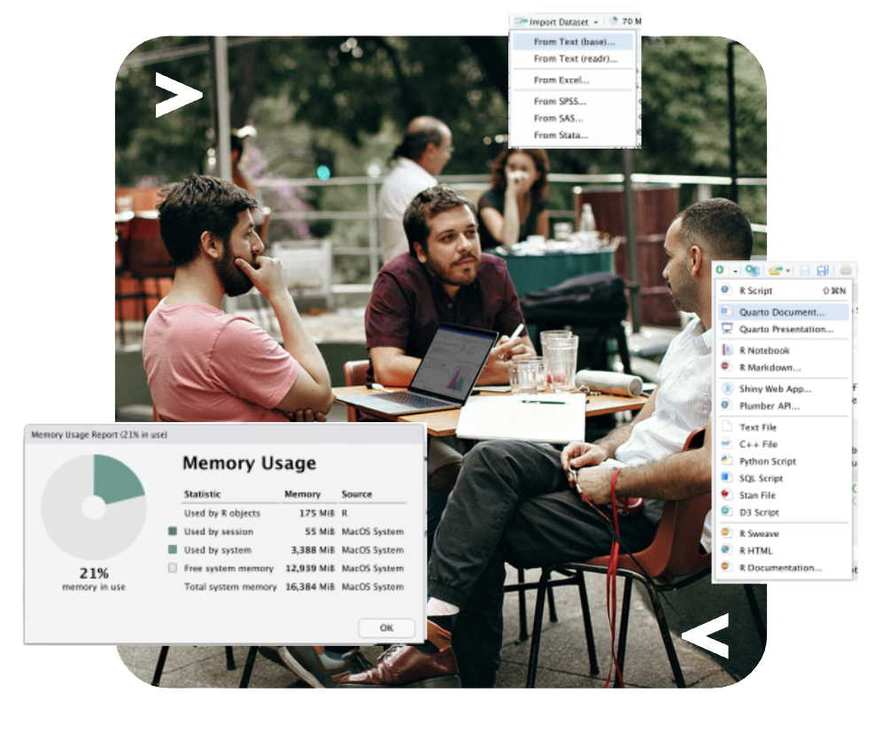 RStudio IDE UI elements over image of 3 men at an outdoor cafe with computer