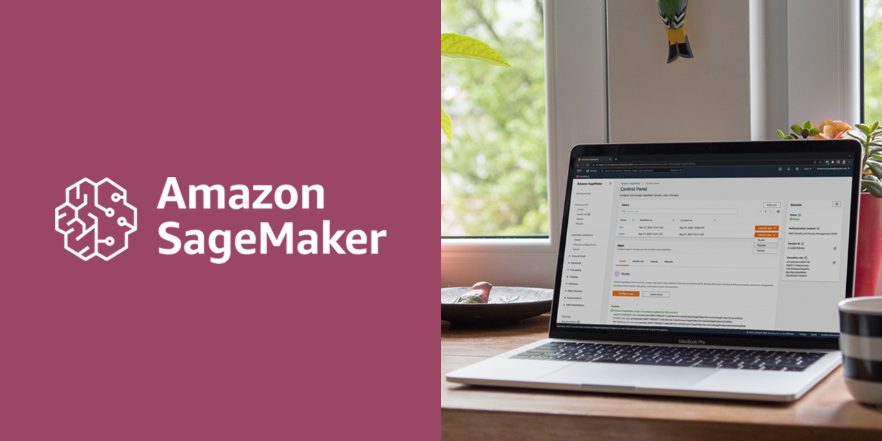 Amazon SageMaker logo on plum-colored background on the left side and a picture of a laptop open on a home office desk with SageMaker interface on the right