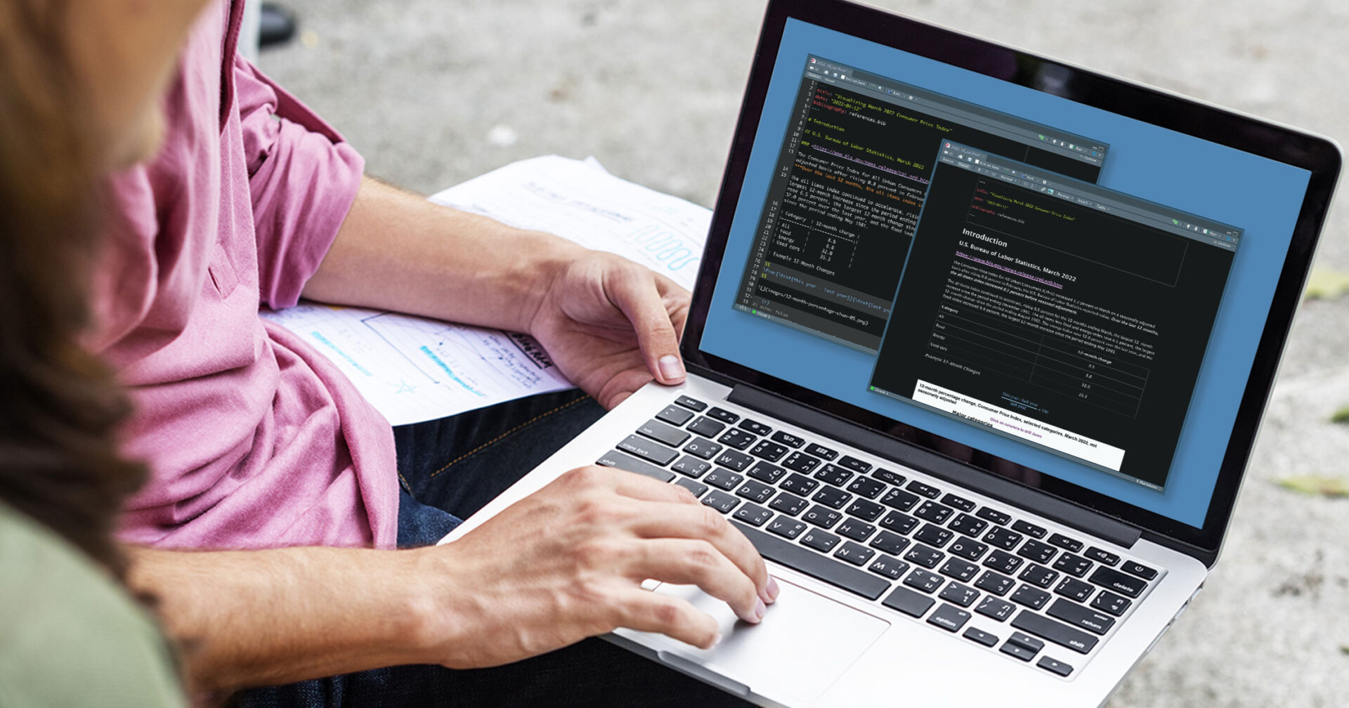 Two people in front of a laptop showing screenshots of a report written in an R Markdown document, one of the original editing mode and another of the document in the visual markdown editor. The second screenshot is slightly overlapping the first one.