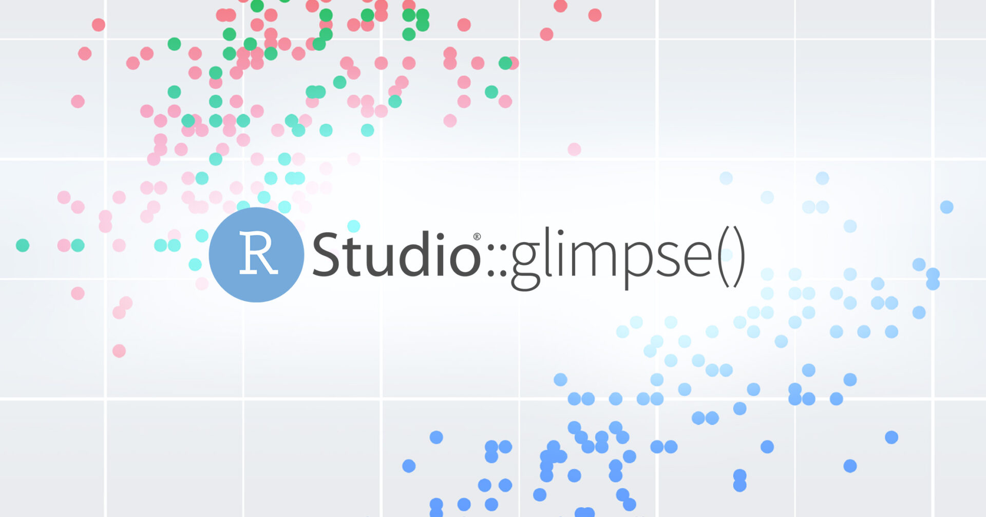 Plot output of a ggplot2 scatterplot with the RStudio glimpse logo on top.