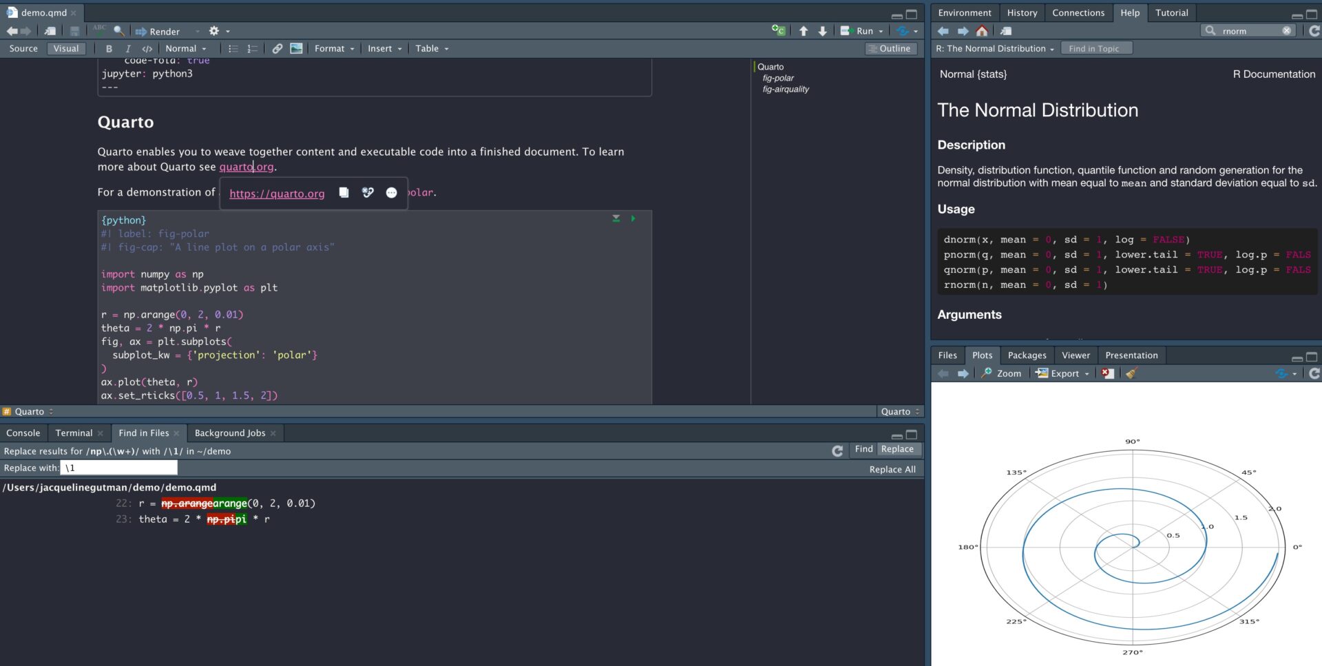 A screenshot demonstrating some of the new features and improvements in RStudio 2022.07.0. including color in code and the ability to run a Quarto document