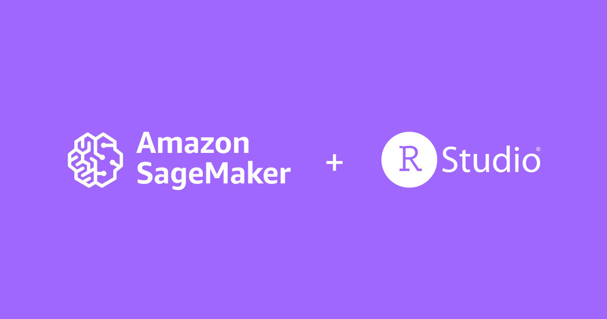 Amazon SageMaker icon, plus sign, and RStudio icon on a purple background