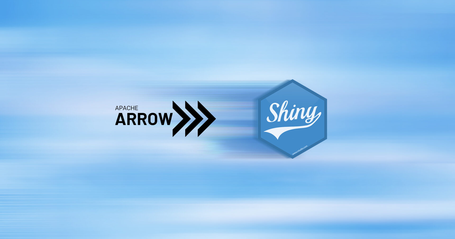 The Apache Arrow logo next to the Shiny package hex sticker, with the Shiny hex looking like it's zooming by.