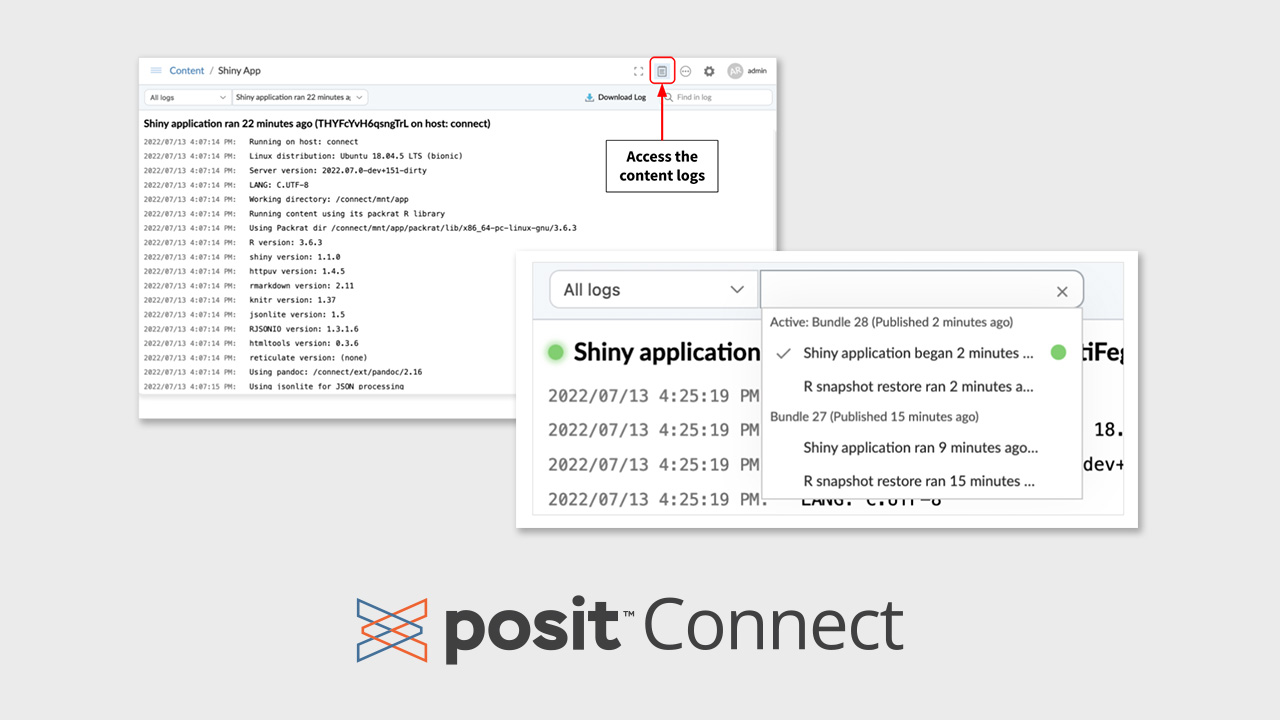 Two images of logs in Posit Connect. The Posit Connect logo is underneath.