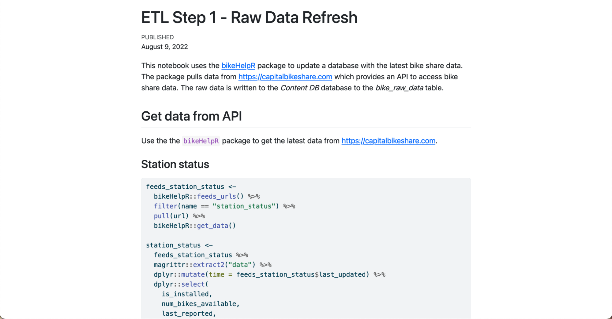 A Quarto document with the title ETL Step 1 Raw Data Refresh. The document shows the description and code