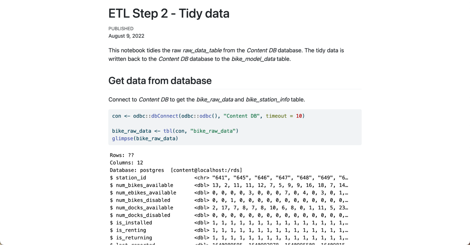 A Quarto document with the title ETL Step 2 Tidy Data. The document shows the description and code.