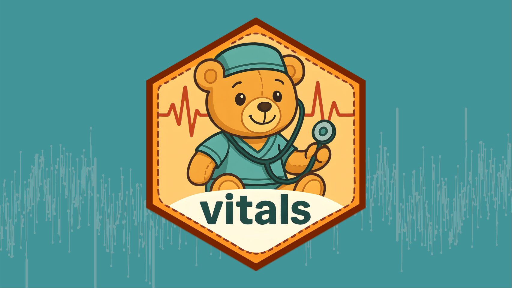 An illustration shows a friendly cartoon bear dressed as a pediatrician, wearing a teal scrub top and cap, and holding a stethoscope. The bear is inside a hexagon-shaped emblem with a red dashed outline. Behind the bear are red lines representing a heartbeat. Below the bear, the word "vitals" is written in black lowercase letters on a white banner. The entire emblem is set against a teal background with subtle, light gray, vertical lines in the lower portion, resembling a sound wave or data visualization.