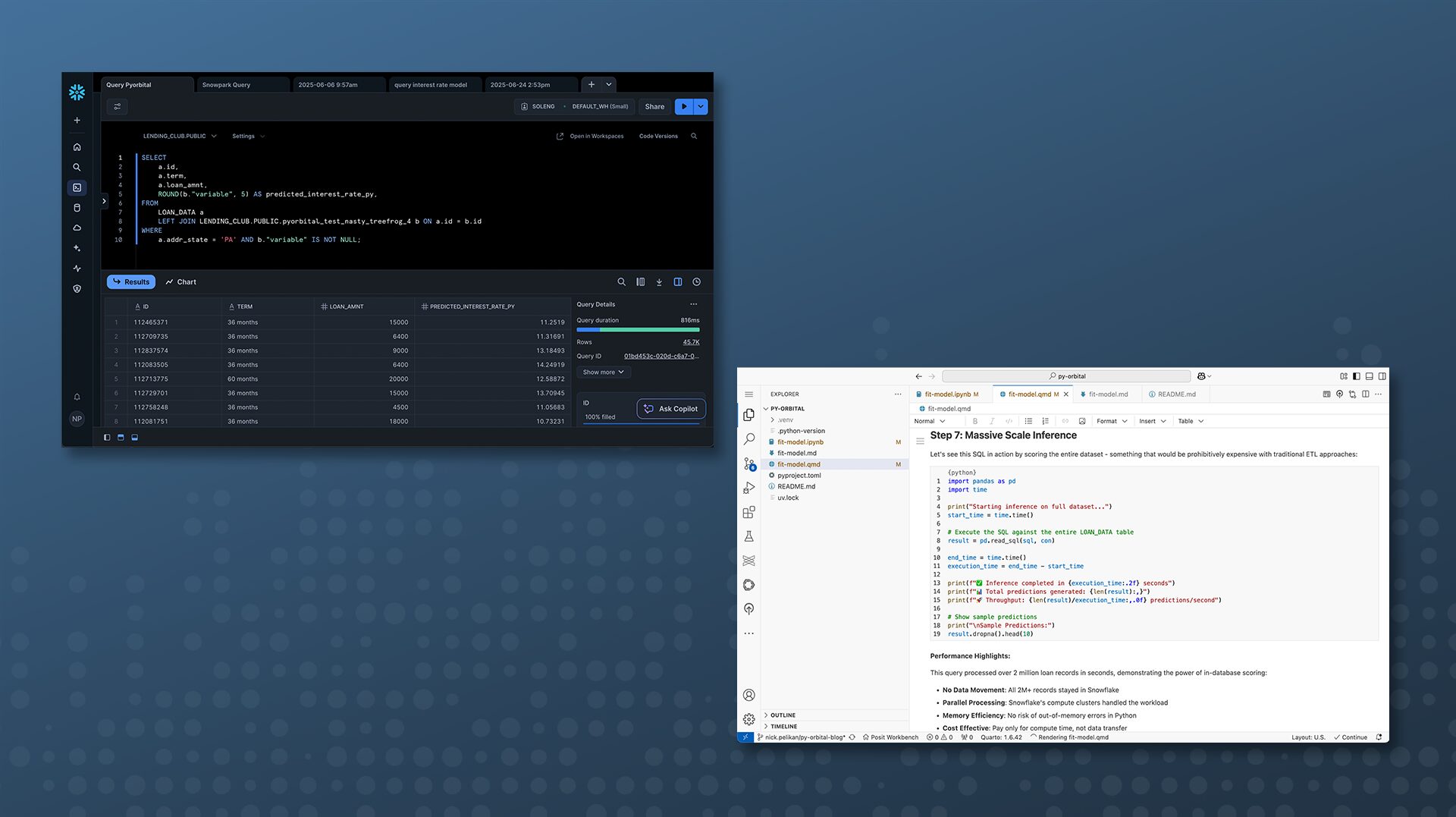 A dual-pane screenshot displays two separate code editors. The left editor, in a dark theme, shows Python code with data manipulation operations, including variable assignment and data loading. Below the code is a data preview table. The right editor, in a light theme, displays a section titled "Step 7: Massive Scale Inference" with Python code primarily focused on data loading and processing using libraries like pandas. Both editors show line numbers and scrollbars, indicating longer code files.