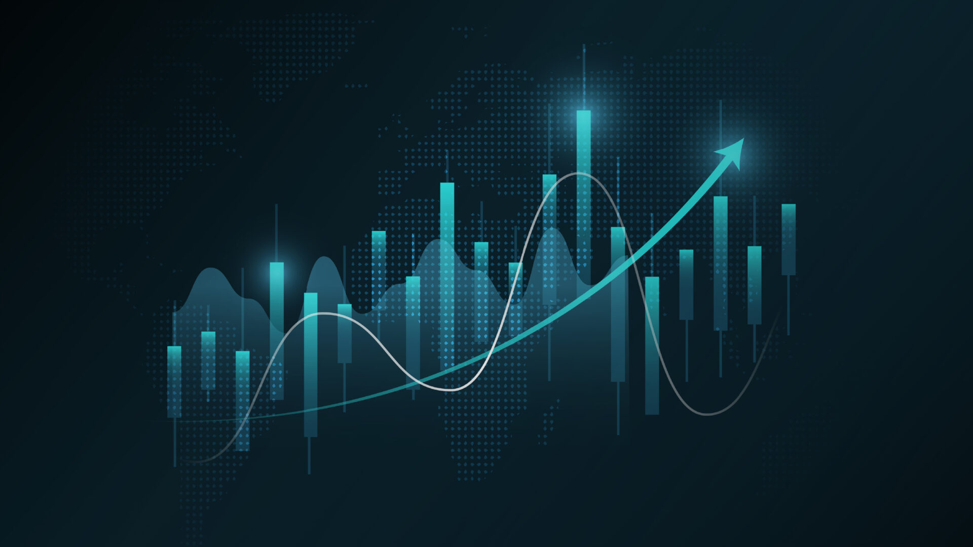 A dark teal background with a stylized world map in a lighter teal. Overlaid on the map is an abstract financial chart with glowing teal bar graphs and a wavy white line showing an upward trend, culminating in a teal arrow pointing upwards and to the right