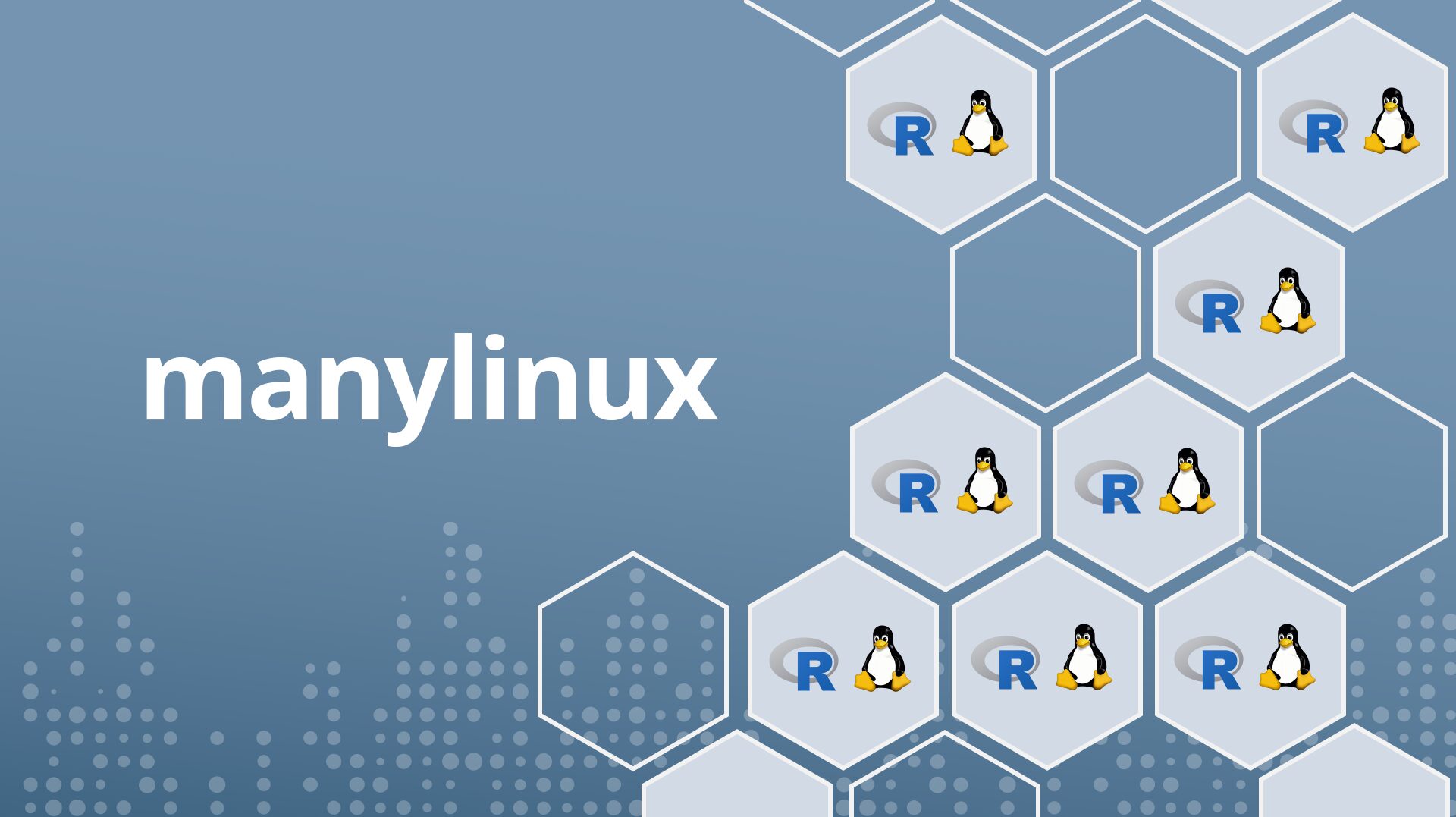 An illustration with the text "manylinux" on the left and a pattern of interconnected hexagons on the right. Many of the hexagons contain a blue "R" and a penguin icon.