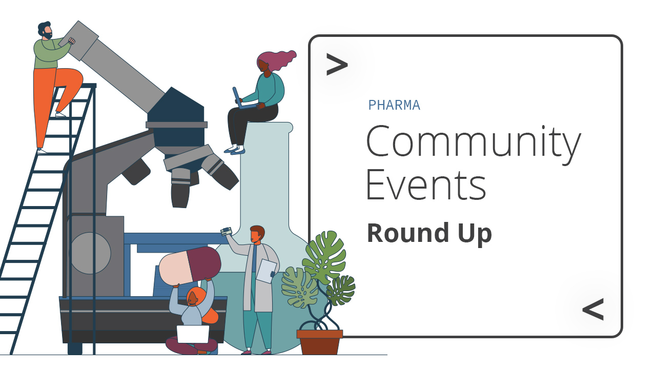 On the left, a minimalist cartoon of people doing various pharma activities. On the right, text that says Pharma Community Events Round Up.
