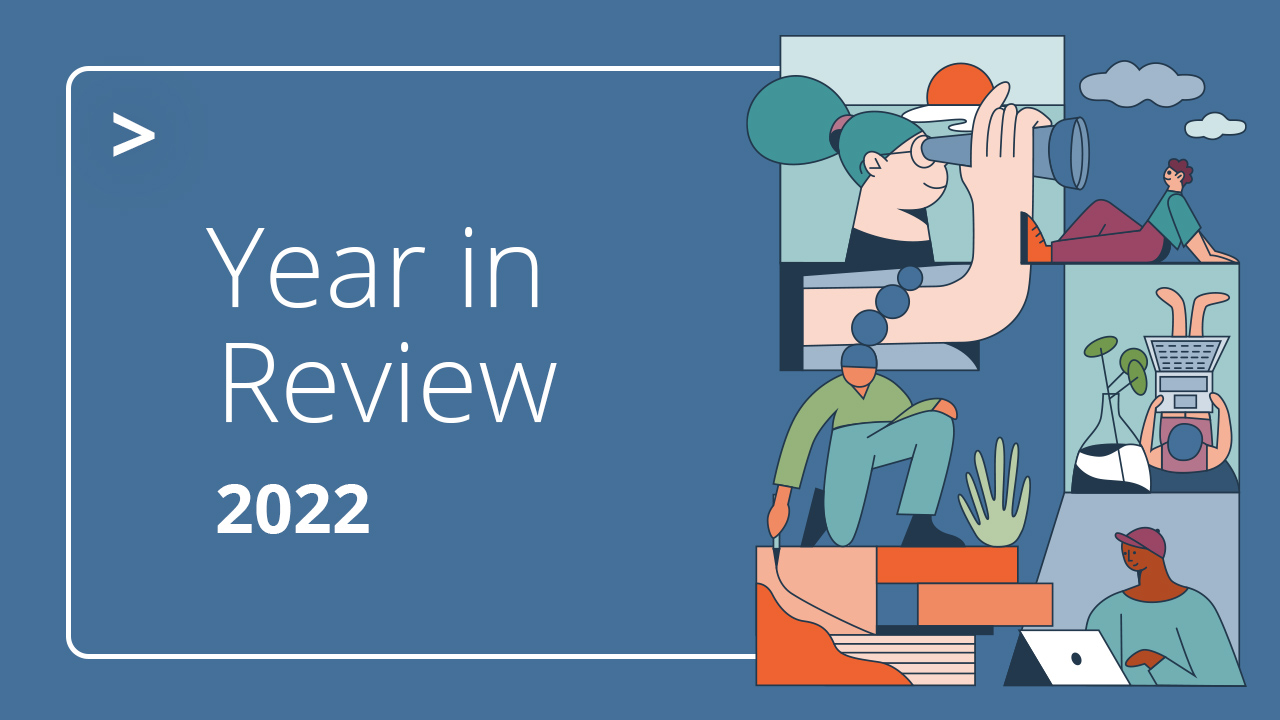 On the left, text that says Year in Review 2022. On the right, a minimal cartoon of people doing various activities like looking through binoculars.