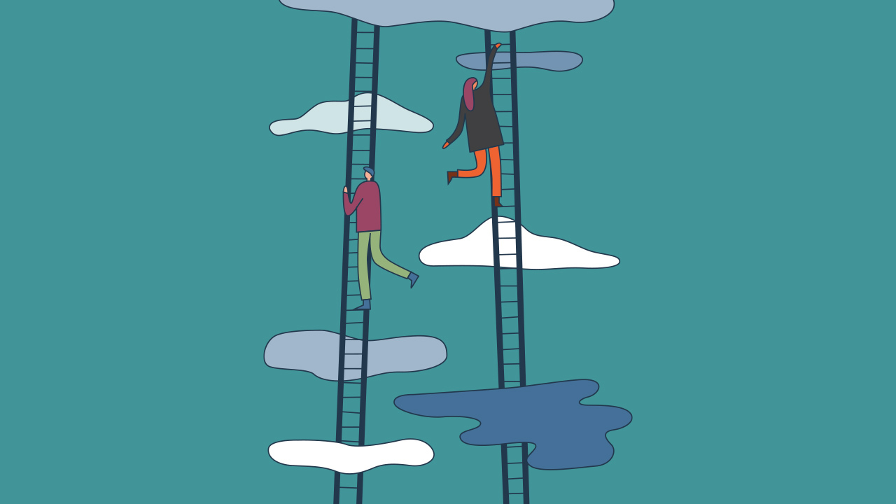 A minimal drawing of two people on ladders climbing through clouds.