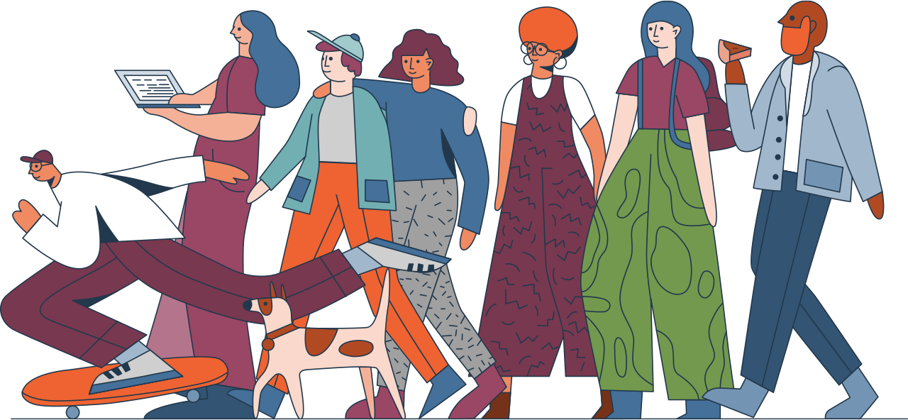 Illustration of a diverse group of five cool people and a dog walking towards the left; one person is on a skateboard, one is looking at a computer, two are just walking, and one is eating Chicago deep dish pizza; the dog is tan with brown spots