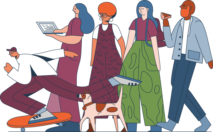 Illustration of a diverse group of five cool people and a dog walking towards the left; one person is on a skateboard, one is looking at a computer, two are just walking, and one is eating Chicago deep dish pizza; the dog is tan with brown spots