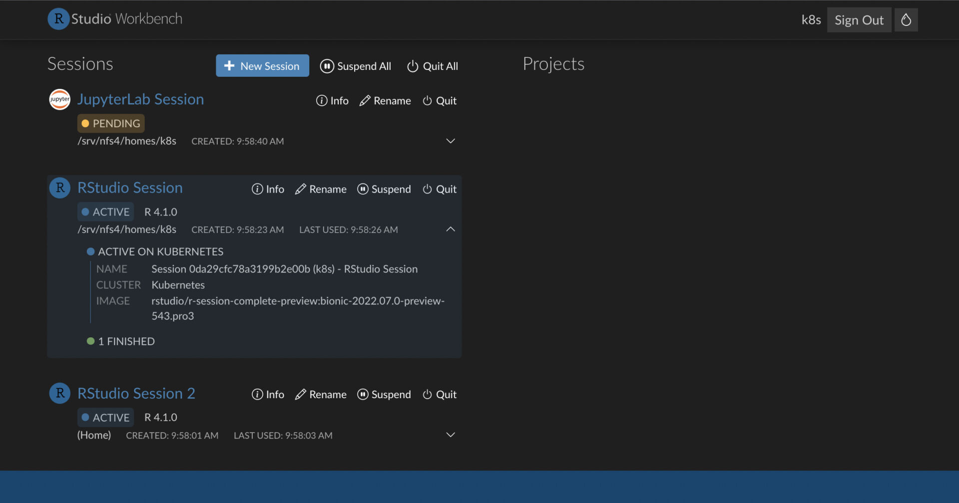 Workbench homepage with multiple Workbench sessions, displaying the status, name, cluster, image, and other information for an RStudio Pro session