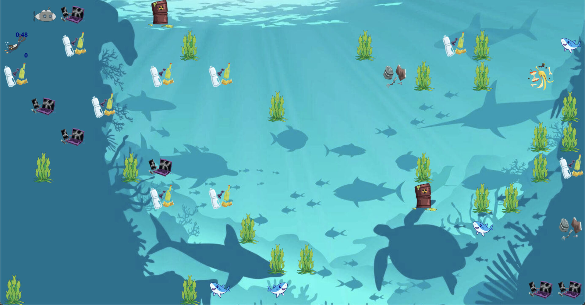 Screenshot from Shark Attack Shiny app with image of sea creatures and garbage floating in the sea