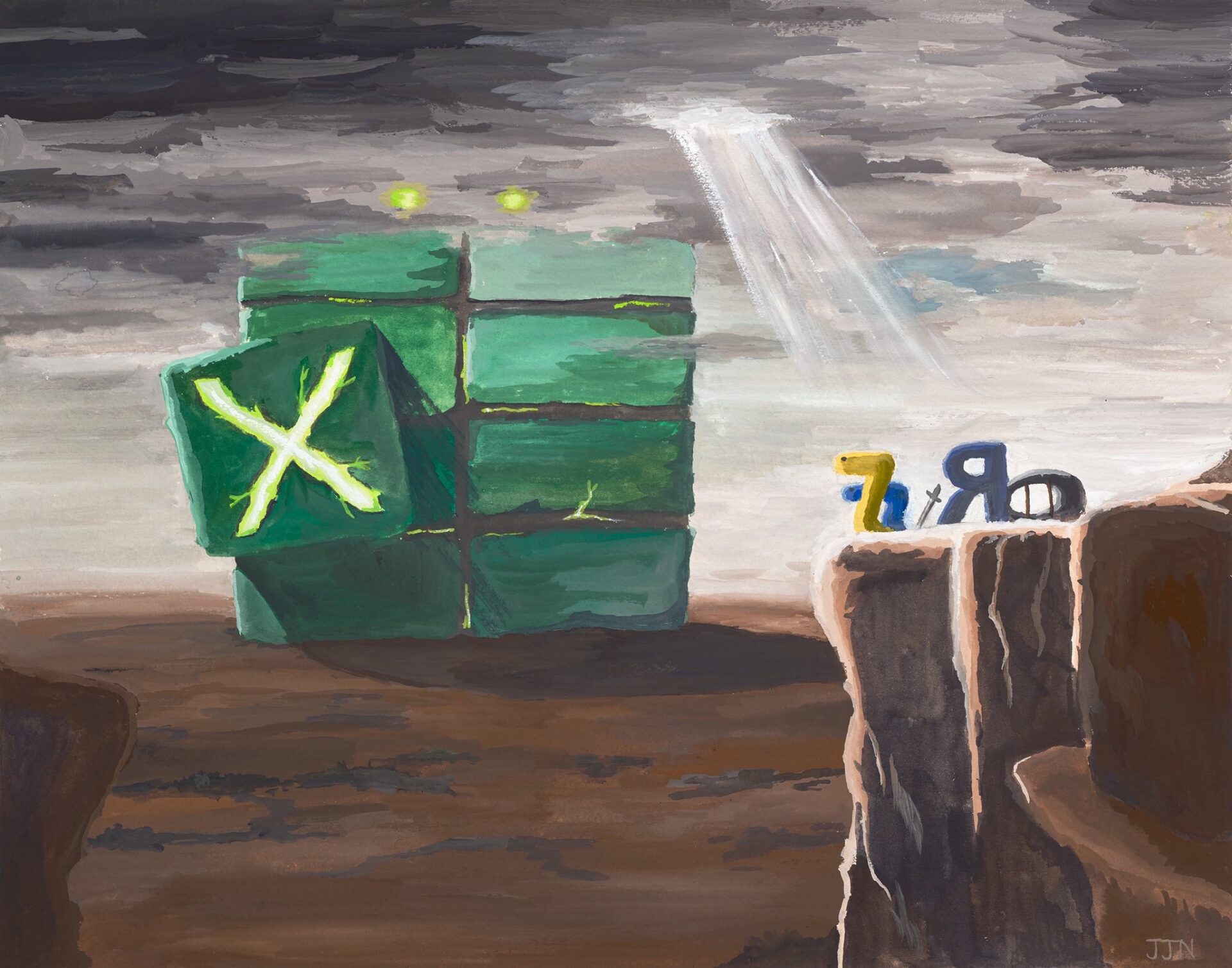 A painting titled "Data and Goliath" showing R on a cliff and a huge database in the distance.