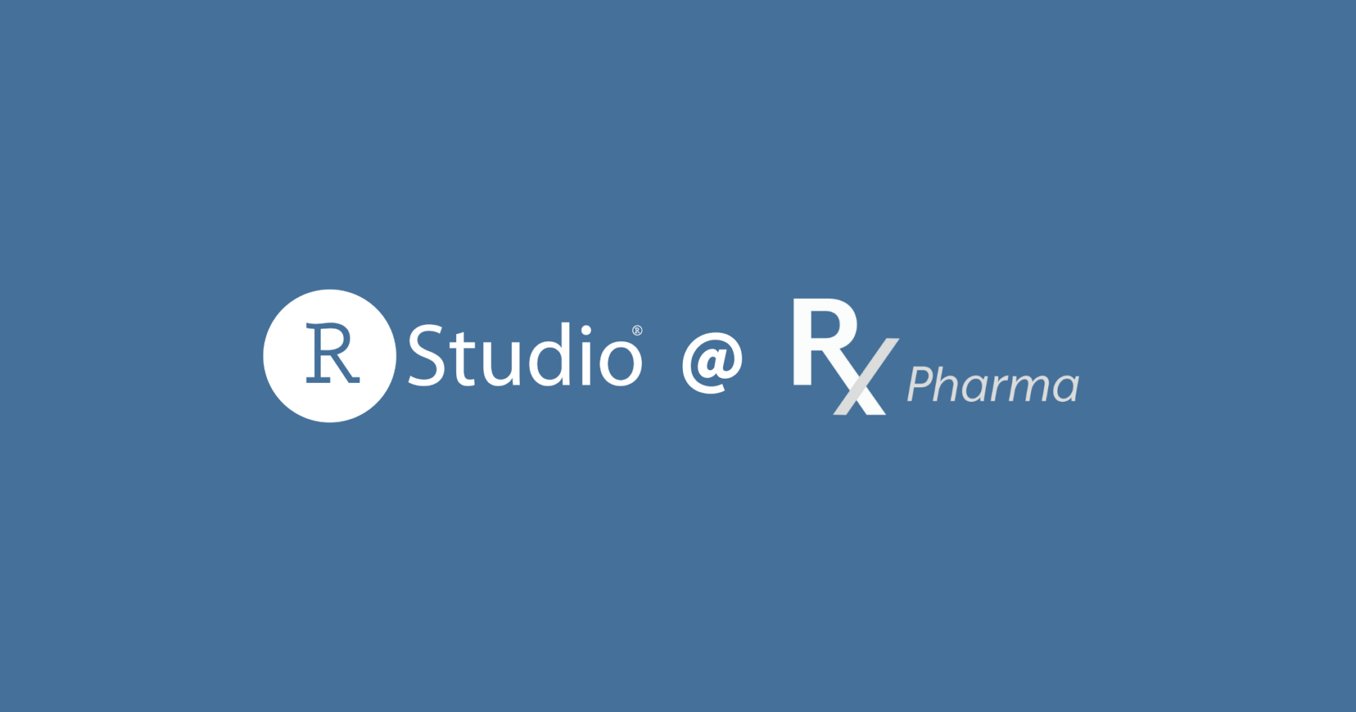 RStudio logo, the at symbol, and the R in Pharma conference logo.