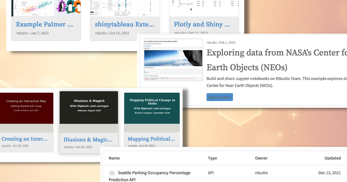 Screenshots of various types of content, such as Shiny apps and Jupyter notebook, displayed in HTML widgets.
