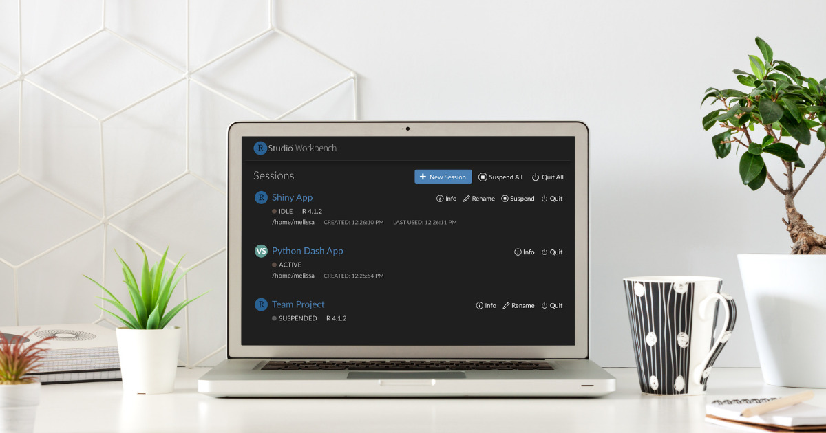 The RStudio Workbench home page with three sessions.