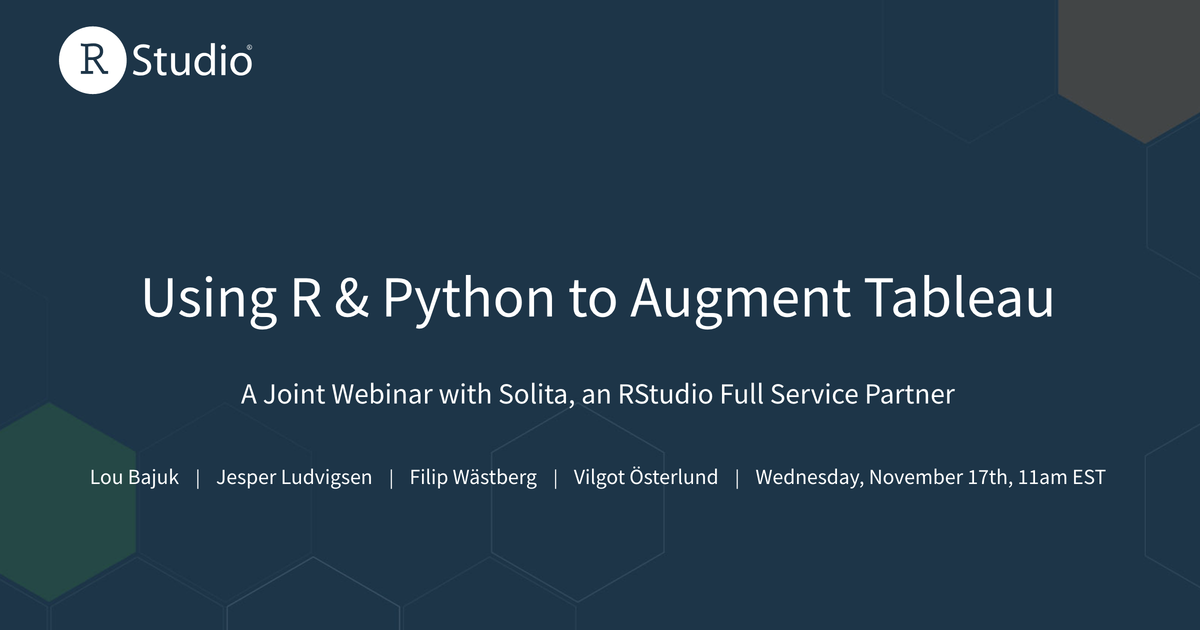 Using R & Python webinar announcement with speakers and a blue background with faded hexes