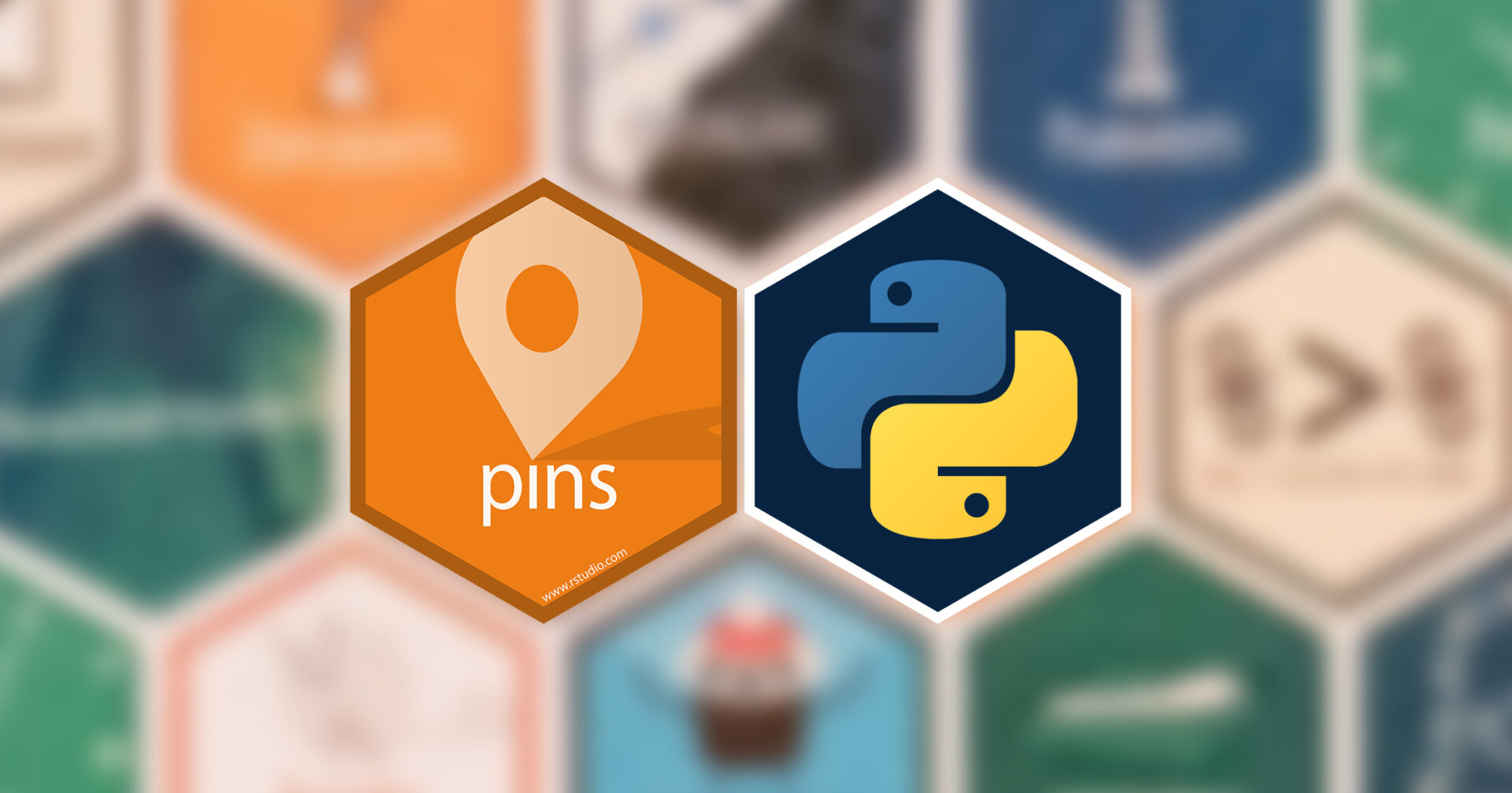 Two hex stickers: the pins hex sticker, orange with a pin, the Python logo, two intertwining snakes. The background is a fuzzy collage of other hex stickers.