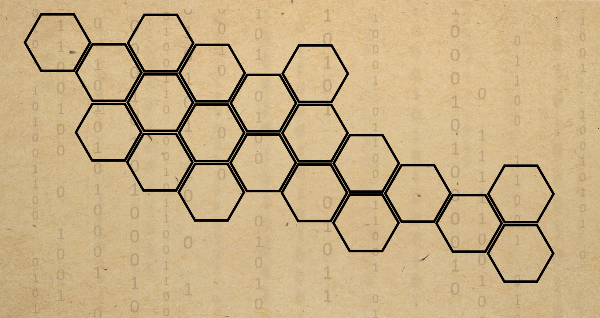 Hexagons over a background of binary digits.