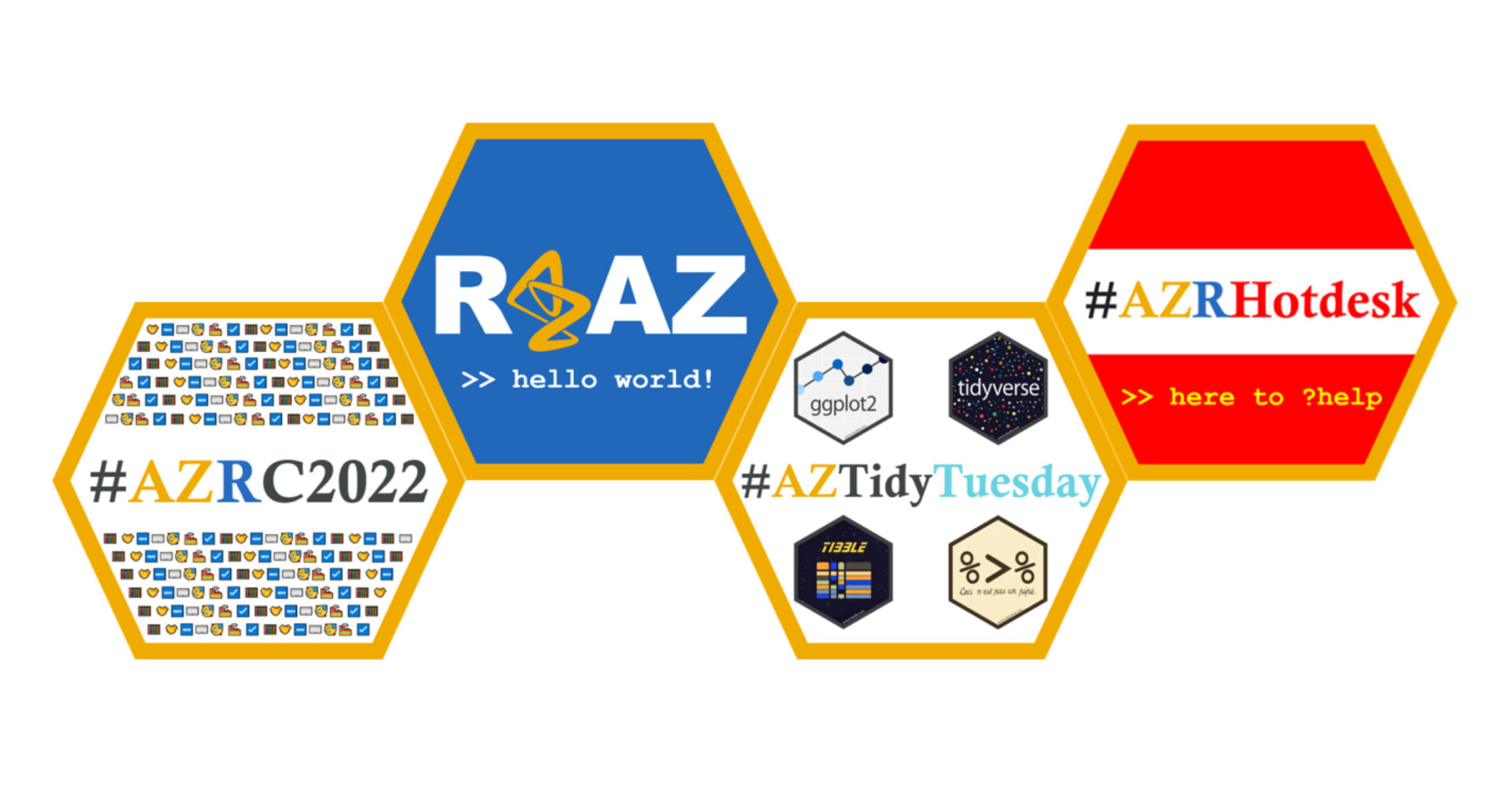 A group of hex stickers for AZ R 2022, R at AZ, AZ Tidy Tuesday, and AZ R hotdesk.