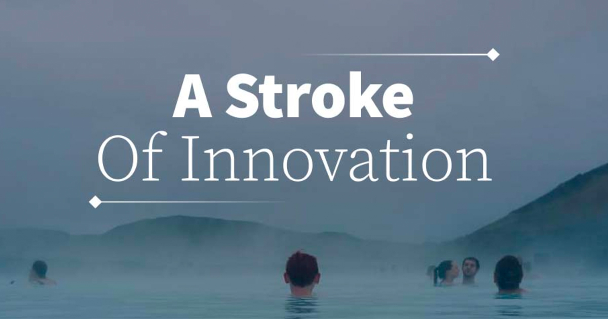 Screenshot image of the video with people swimming in a geothermal pool and text that says A Stroke of Innovation