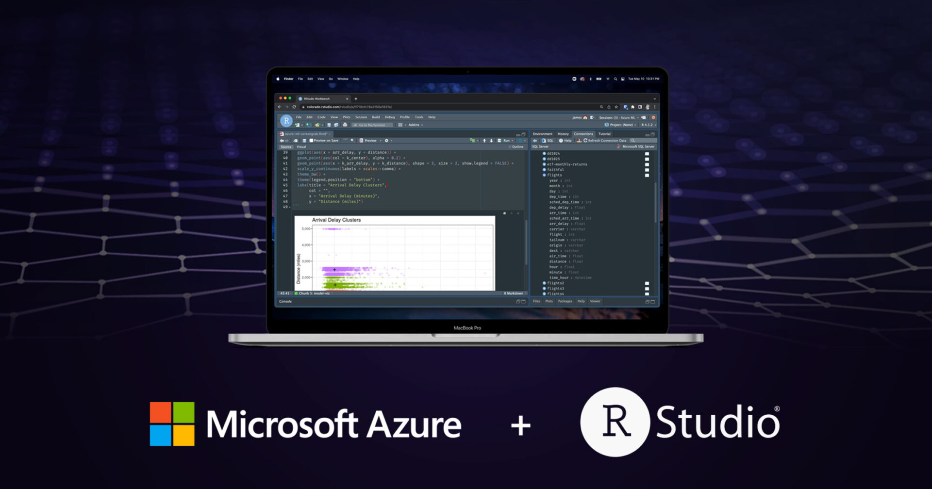 Laptop screen showing RStudio Workbench on Azure ML, at the bottom of the image is the text Microsoft Azure + RStudio with their respective logos.