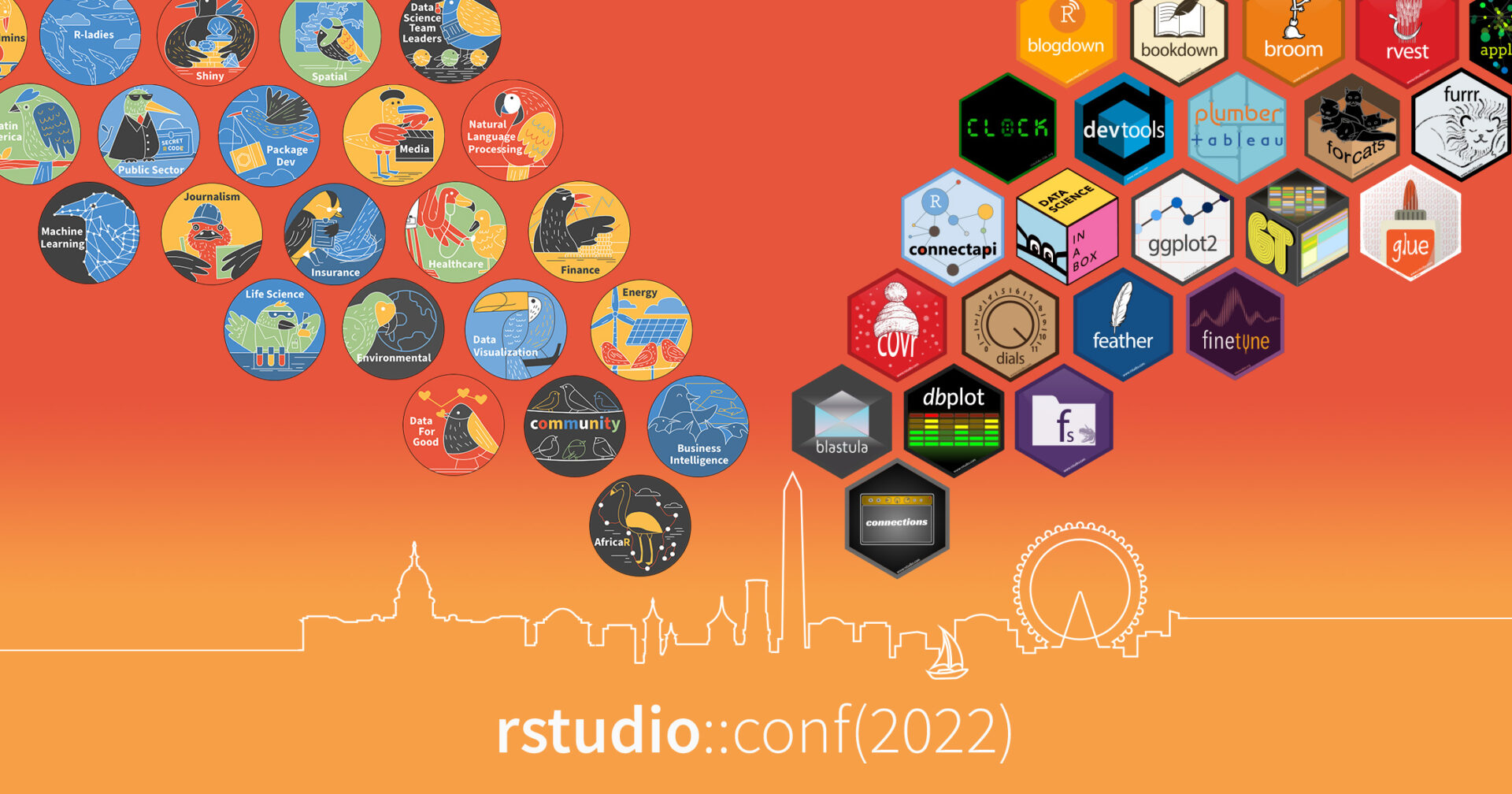 National Harbor skyline outline with the words rstudio conf 2022 underneath. Above the skyline float birds of a feather buttons with the names of the groups such as finance, life sciences on the left. On the right, hex stickers of various packages float towards the corner.