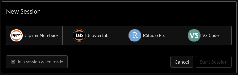 The IDE selector screen on Workbench, showing Jupyter Notebook, Jupyter Lab, RStudio Pro, and VS Code with their respective icons.