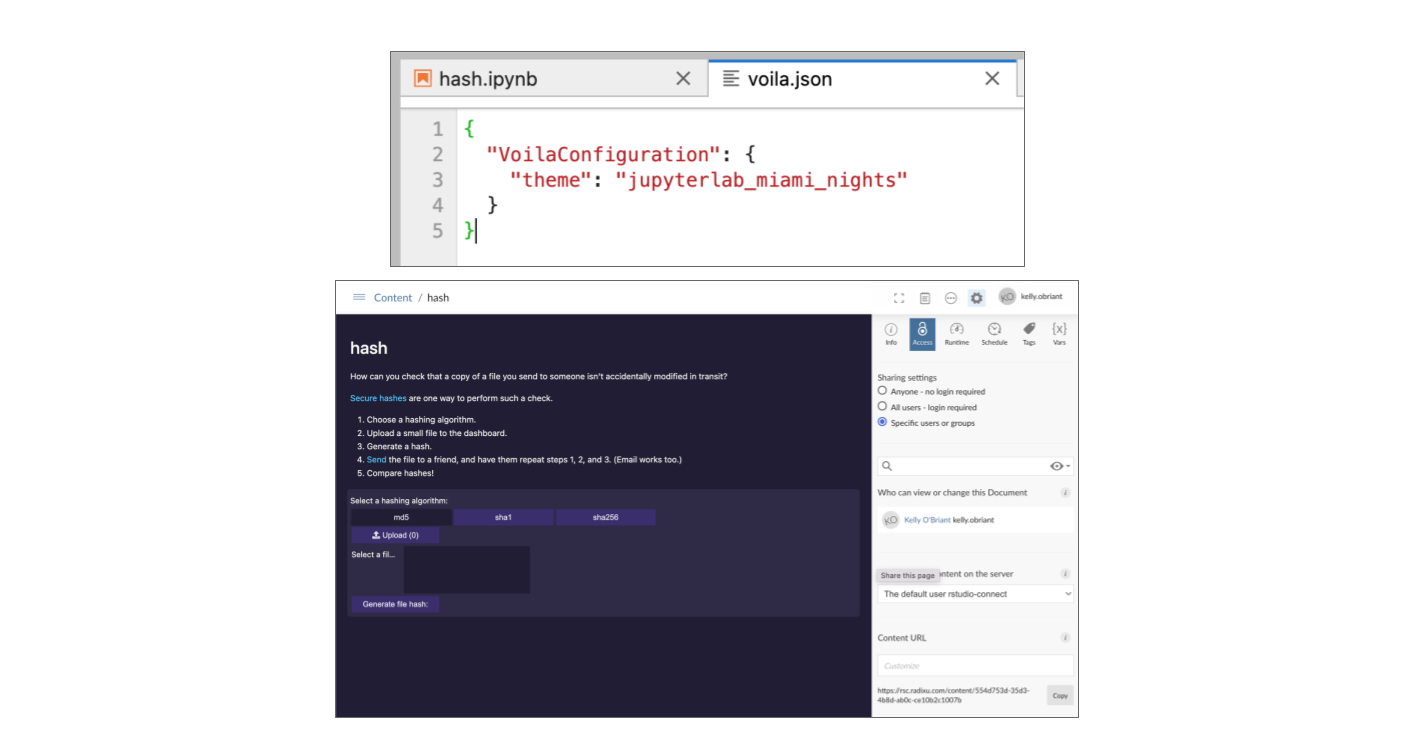 A Voila configuration JSON file and the corresponding notebook  with the Jupyterlab Miami Theme