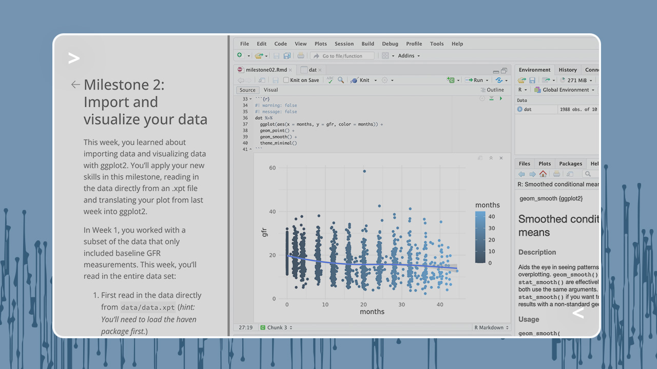 On the left, training teams to adopt open-source programming languages with Posit Academy. On the right, a screenshot of the Academy environment with a milestone project description, the RStudio IDE, and code with a scatterplot as output.