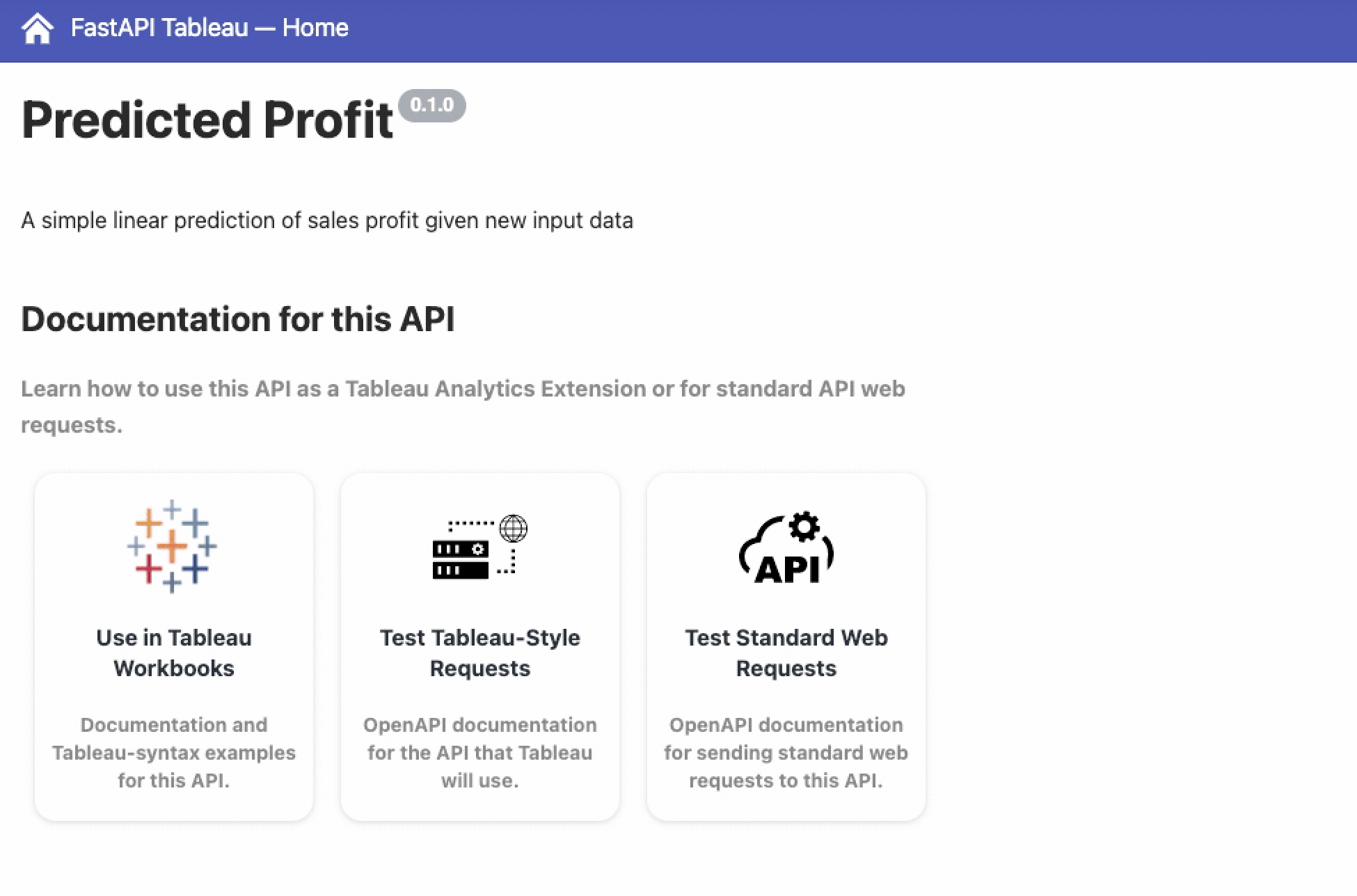A FastAPI Tableau dashboard on Predicted Profit, showing documentation for the API.