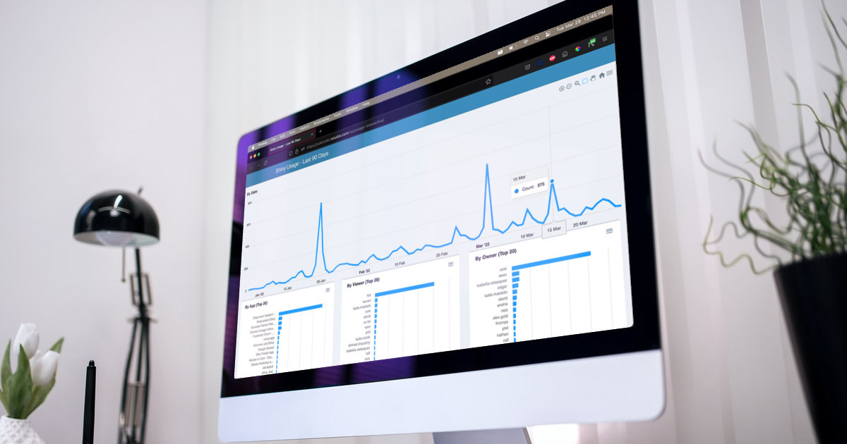 A Shiny dashboard tracking usage shown on a Desktop screen