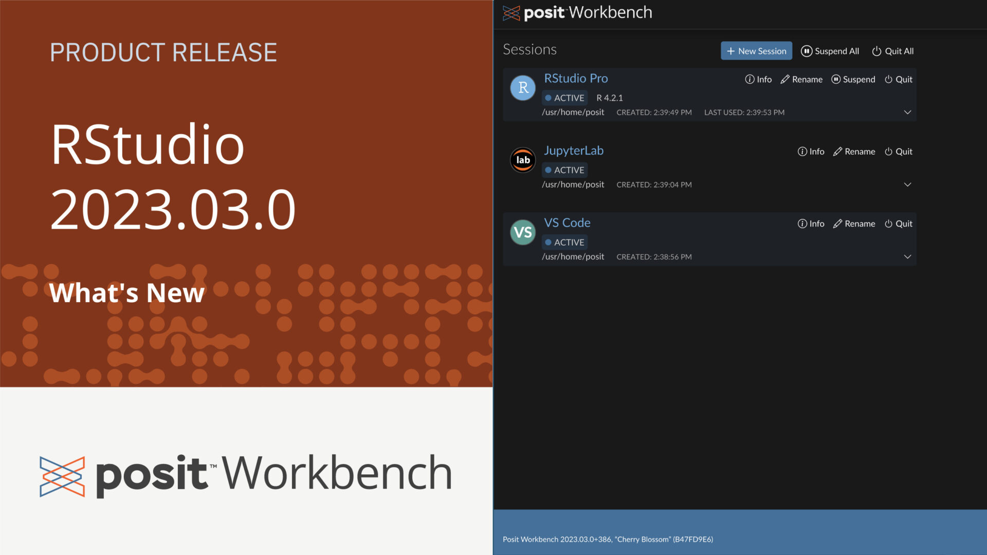 Text: "RStudio 2023.03.0 What's New Posit Workbench". The Posit Workbench logo and a screenshot of Workbench with three projects open is shown.