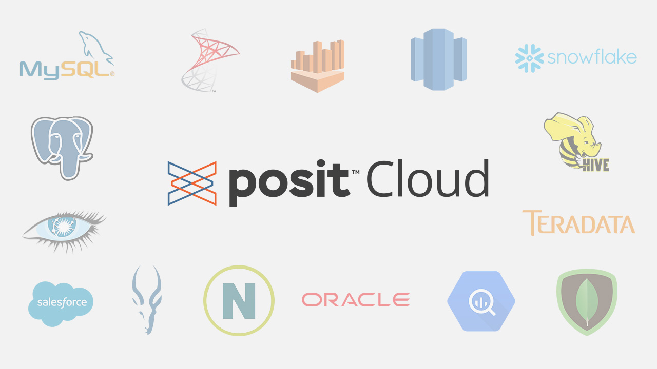 Posit Cloud logo surrounded by logos of various database drivers.