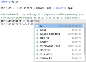 car_list$mtcars |> filter (cy) with autocomplete list - more “complex” start of pipe chains in completions