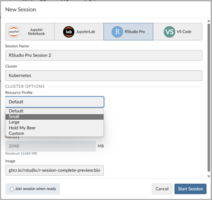 New session with options for Jupyter Notebook, Jupyter Lab, RStudio Pro (selected) and VS Code with Kubernetes Cluster Options of different sizes in a drop down