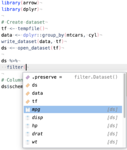 ds %>%
  filter(

 with autocomplete dropdown, hovering over mpg