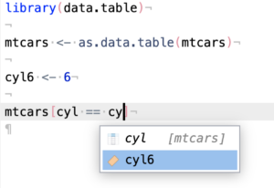 mtcars[cyl == cyl with autocomplete box showing up