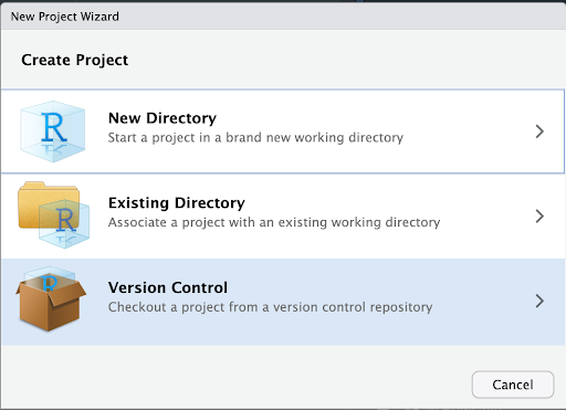 Creating a new RStudio project from Version Control