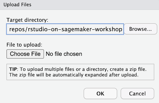 Uploading files to RStudio on Amazon SageMaker via the RStudio user interface 