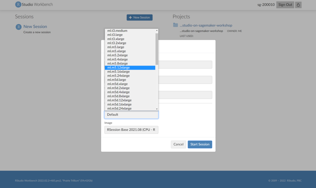 Choosing a session size for RStudio on Amazon SageMaker