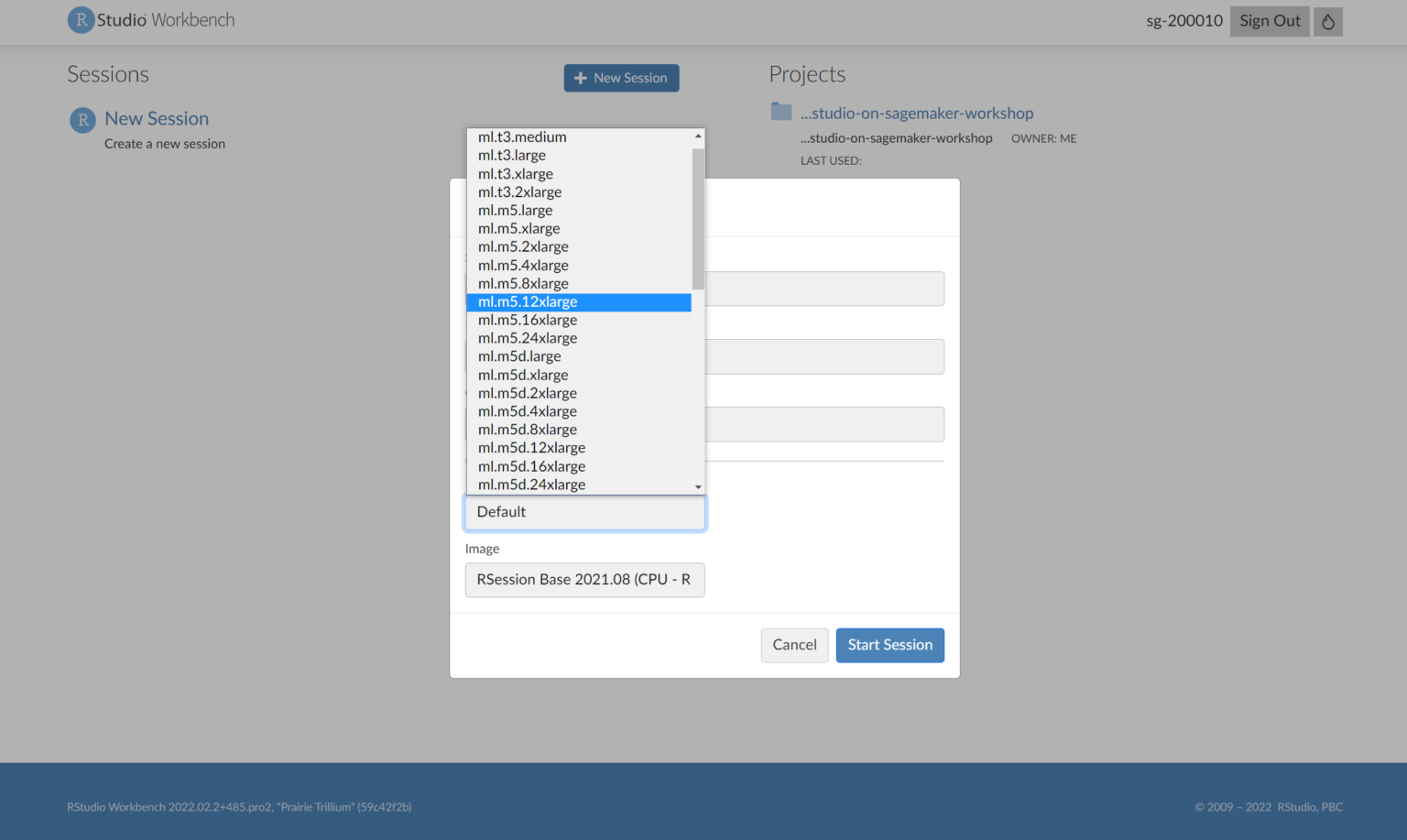 Choosing an instance size in RStudio Pro on Amazon SageMaker