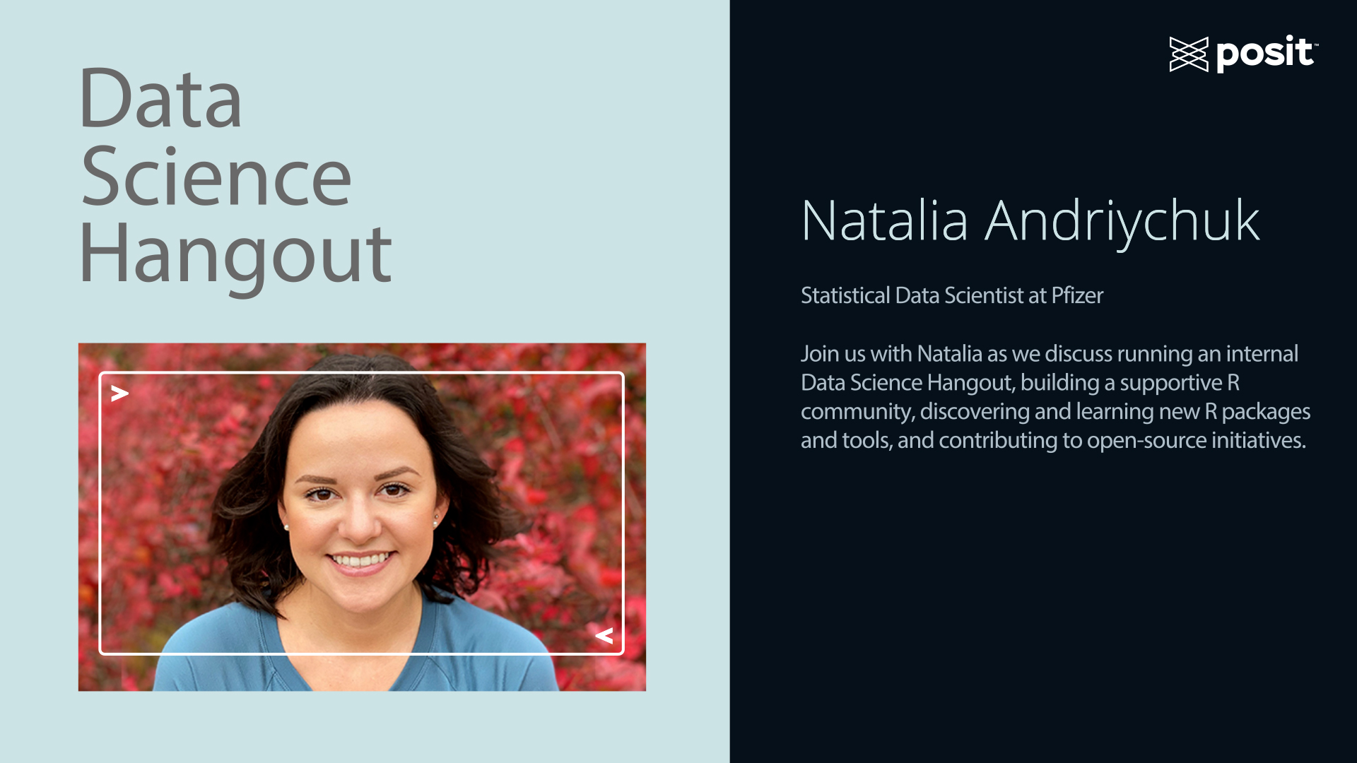 Text: Data Science Hangout, Natalia Andriychuck, Statistical Data Scientist at Pfizer.  Join us with Natalia as we discuss running an internal Data Science Hangout, building a supporting R community, and discovering and learning new R packages and tools, and contributing to open-source initiatives.